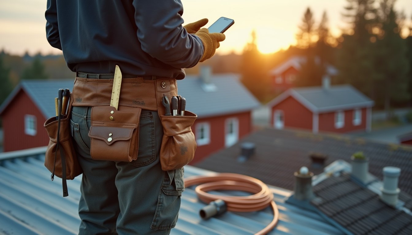 Takarbetare läser ett färdigt svarsförslag i mobilen uppe på taket